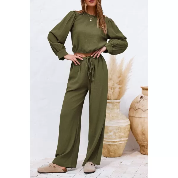 imagePRETTYGARDEN Womens 2023 Fall Two Piece Outfits Long Sleeve Crop Tops Wide Leg Pants Pockets Casual Linen Tracksuits SetsArmy Green