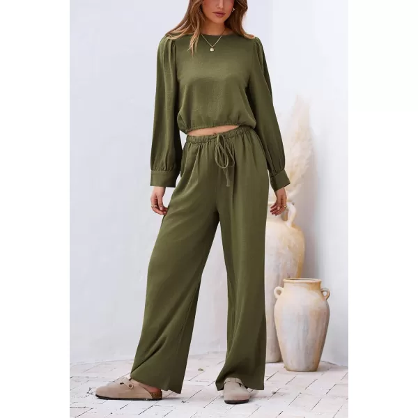 imagePRETTYGARDEN Womens 2023 Fall Two Piece Outfits Long Sleeve Crop Tops Wide Leg Pants Pockets Casual Linen Tracksuits SetsArmy Green