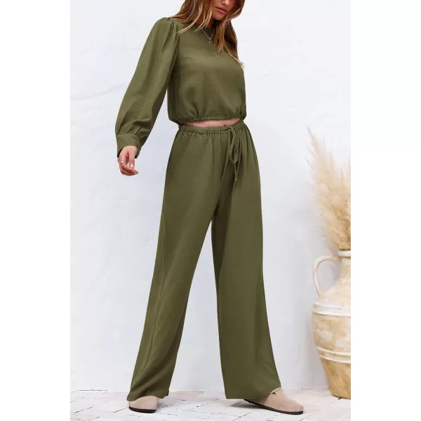 imagePRETTYGARDEN Womens 2023 Fall Two Piece Outfits Long Sleeve Crop Tops Wide Leg Pants Pockets Casual Linen Tracksuits SetsArmy Green