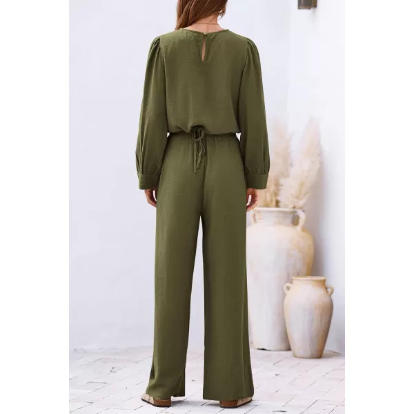 imagePRETTYGARDEN Womens 2023 Fall Two Piece Outfits Long Sleeve Crop Tops Wide Leg Pants Pockets Casual Linen Tracksuits SetsArmy Green