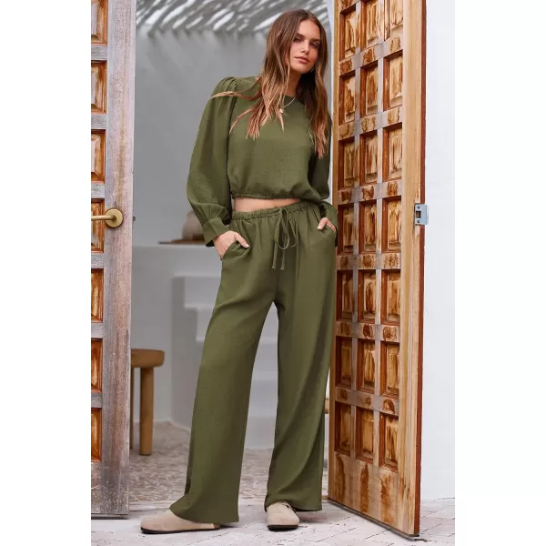 imagePRETTYGARDEN Womens 2023 Fall Two Piece Outfits Long Sleeve Crop Tops Wide Leg Pants Pockets Casual Linen Tracksuits SetsArmy Green