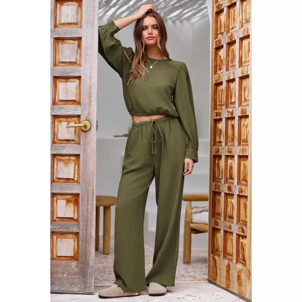 imagePRETTYGARDEN Womens 2023 Fall Two Piece Outfits Long Sleeve Crop Tops Wide Leg Pants Pockets Casual Linen Tracksuits SetsArmy Green