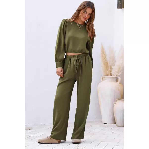 imagePRETTYGARDEN Womens 2023 Fall Two Piece Outfits Long Sleeve Crop Tops Wide Leg Pants Pockets Casual Linen Tracksuits SetsArmy Green