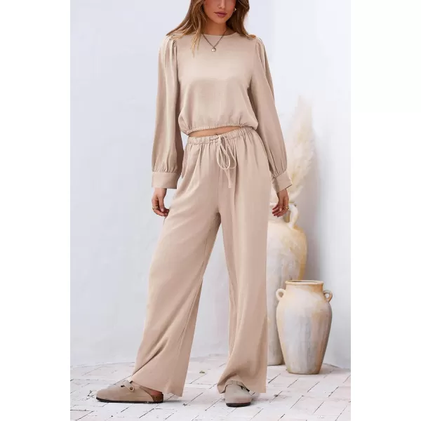 imagePRETTYGARDEN Womens 2023 Fall Two Piece Outfits Long Sleeve Crop Tops Wide Leg Pants Pockets Casual Linen Tracksuits SetsBeige
