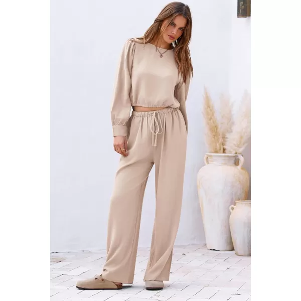 imagePRETTYGARDEN Womens 2023 Fall Two Piece Outfits Long Sleeve Crop Tops Wide Leg Pants Pockets Casual Linen Tracksuits SetsBeige