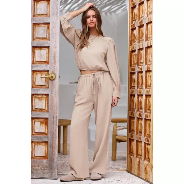 imagePRETTYGARDEN Womens 2023 Fall Two Piece Outfits Long Sleeve Crop Tops Wide Leg Pants Pockets Casual Linen Tracksuits SetsBeige