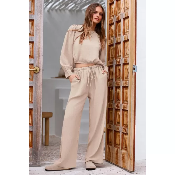 imagePRETTYGARDEN Womens 2023 Fall Two Piece Outfits Long Sleeve Crop Tops Wide Leg Pants Pockets Casual Linen Tracksuits SetsBeige