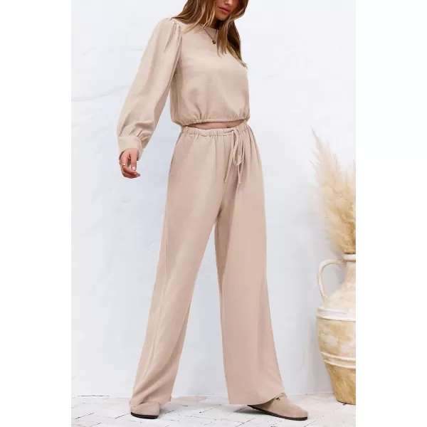 imagePRETTYGARDEN Womens 2023 Fall Two Piece Outfits Long Sleeve Crop Tops Wide Leg Pants Pockets Casual Linen Tracksuits SetsBeige