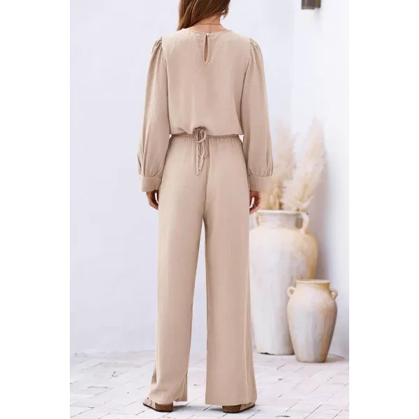 imagePRETTYGARDEN Womens 2023 Fall Two Piece Outfits Long Sleeve Crop Tops Wide Leg Pants Pockets Casual Linen Tracksuits SetsBeige