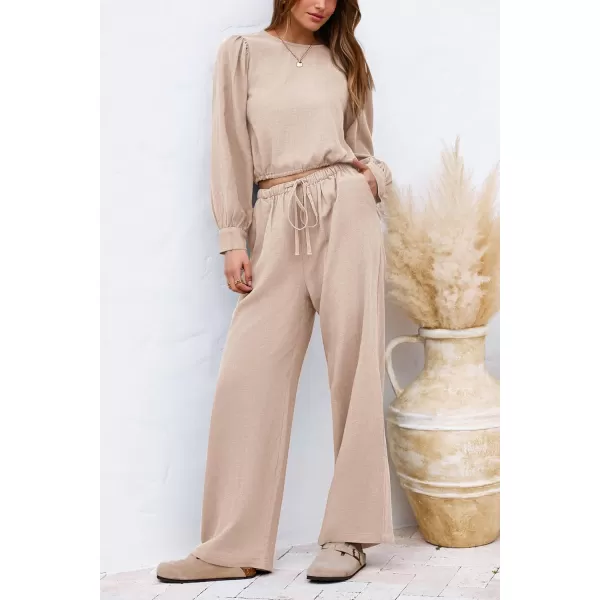 imagePRETTYGARDEN Womens 2023 Fall Two Piece Outfits Long Sleeve Crop Tops Wide Leg Pants Pockets Casual Linen Tracksuits SetsBeige
