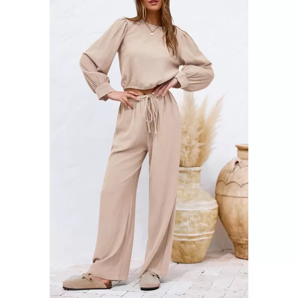 imagePRETTYGARDEN Womens 2023 Fall Two Piece Outfits Long Sleeve Crop Tops Wide Leg Pants Pockets Casual Linen Tracksuits SetsBeige