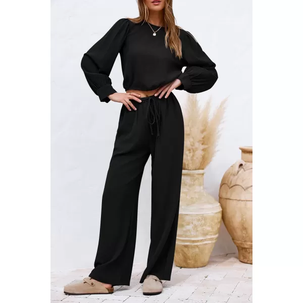 imagePRETTYGARDEN Womens 2023 Fall Two Piece Outfits Long Sleeve Crop Tops Wide Leg Pants Pockets Casual Linen Tracksuits SetsBlack