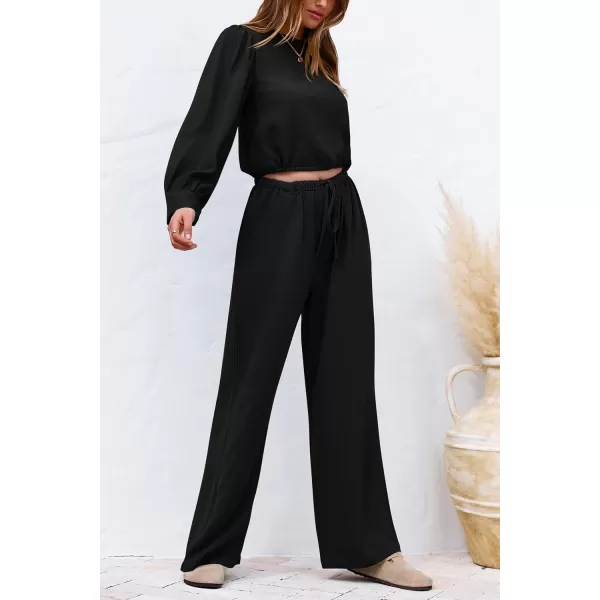 imagePRETTYGARDEN Womens 2023 Fall Two Piece Outfits Long Sleeve Crop Tops Wide Leg Pants Pockets Casual Linen Tracksuits SetsBlack