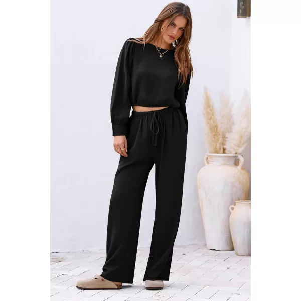 imagePRETTYGARDEN Womens 2023 Fall Two Piece Outfits Long Sleeve Crop Tops Wide Leg Pants Pockets Casual Linen Tracksuits SetsBlack