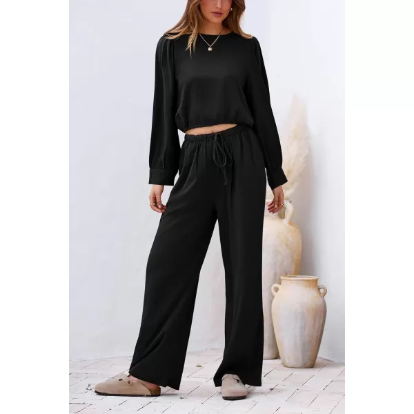 imagePRETTYGARDEN Womens 2023 Fall Two Piece Outfits Long Sleeve Crop Tops Wide Leg Pants Pockets Casual Linen Tracksuits SetsBlack