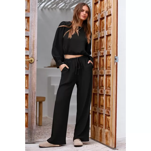 imagePRETTYGARDEN Womens 2023 Fall Two Piece Outfits Long Sleeve Crop Tops Wide Leg Pants Pockets Casual Linen Tracksuits SetsBlack