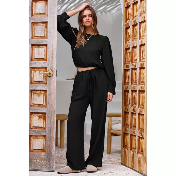 imagePRETTYGARDEN Womens 2023 Fall Two Piece Outfits Long Sleeve Crop Tops Wide Leg Pants Pockets Casual Linen Tracksuits SetsBlack
