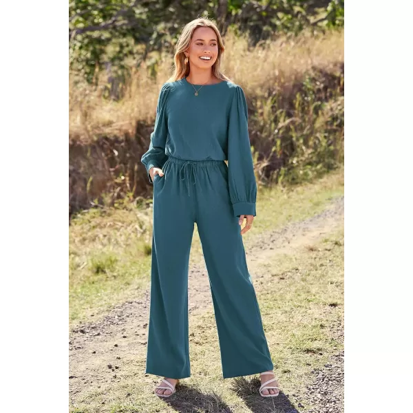 imagePRETTYGARDEN Womens 2023 Fall Two Piece Outfits Long Sleeve Crop Tops Wide Leg Pants Pockets Casual Linen Tracksuits SetsBlue