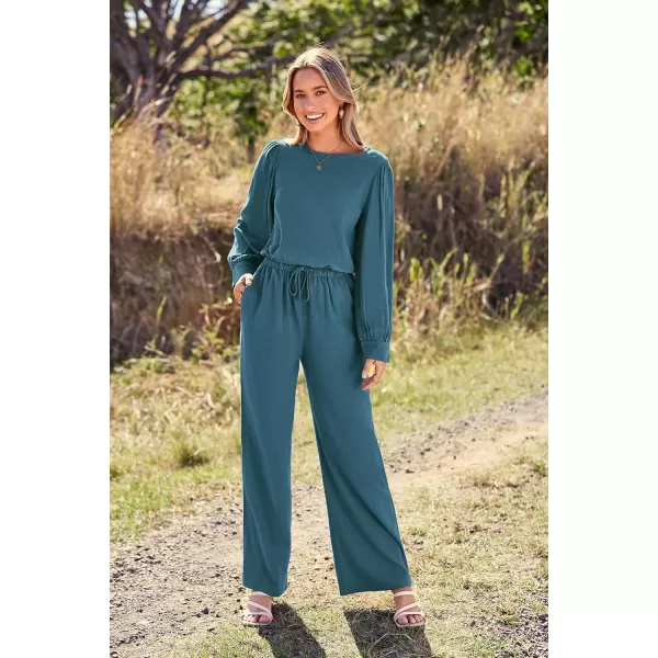 imagePRETTYGARDEN Womens 2023 Fall Two Piece Outfits Long Sleeve Crop Tops Wide Leg Pants Pockets Casual Linen Tracksuits SetsBlue