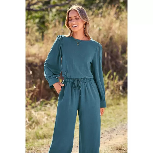 imagePRETTYGARDEN Womens 2023 Fall Two Piece Outfits Long Sleeve Crop Tops Wide Leg Pants Pockets Casual Linen Tracksuits SetsBlue