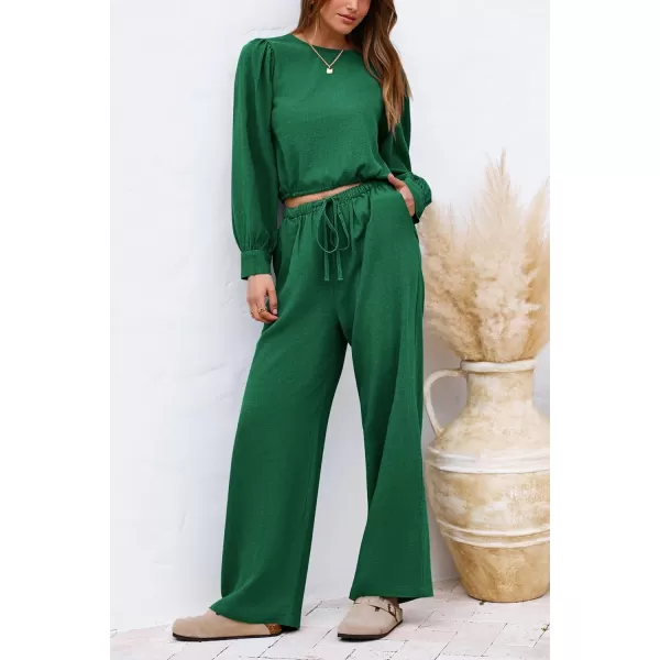 imagePRETTYGARDEN Womens 2023 Fall Two Piece Outfits Long Sleeve Crop Tops Wide Leg Pants Pockets Casual Linen Tracksuits SetsGreen