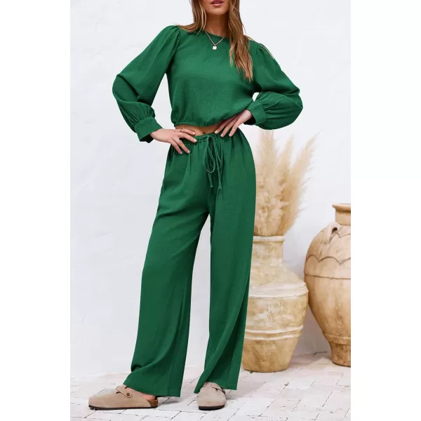 imagePRETTYGARDEN Womens 2023 Fall Two Piece Outfits Long Sleeve Crop Tops Wide Leg Pants Pockets Casual Linen Tracksuits SetsGreen