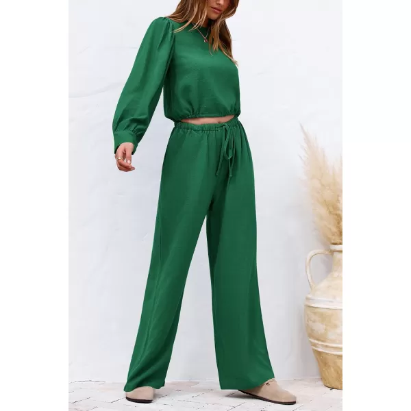 imagePRETTYGARDEN Womens 2023 Fall Two Piece Outfits Long Sleeve Crop Tops Wide Leg Pants Pockets Casual Linen Tracksuits SetsGreen