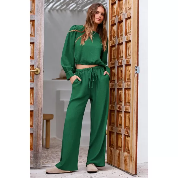 imagePRETTYGARDEN Womens 2023 Fall Two Piece Outfits Long Sleeve Crop Tops Wide Leg Pants Pockets Casual Linen Tracksuits SetsGreen