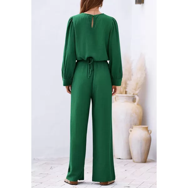 imagePRETTYGARDEN Womens 2023 Fall Two Piece Outfits Long Sleeve Crop Tops Wide Leg Pants Pockets Casual Linen Tracksuits SetsGreen