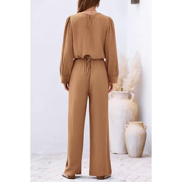 imagePRETTYGARDEN Womens 2023 Fall Two Piece Outfits Long Sleeve Crop Tops Wide Leg Pants Pockets Casual Linen Tracksuits SetsKhaki