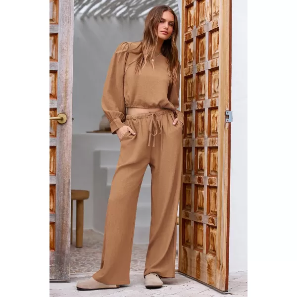 imagePRETTYGARDEN Womens 2023 Fall Two Piece Outfits Long Sleeve Crop Tops Wide Leg Pants Pockets Casual Linen Tracksuits SetsKhaki