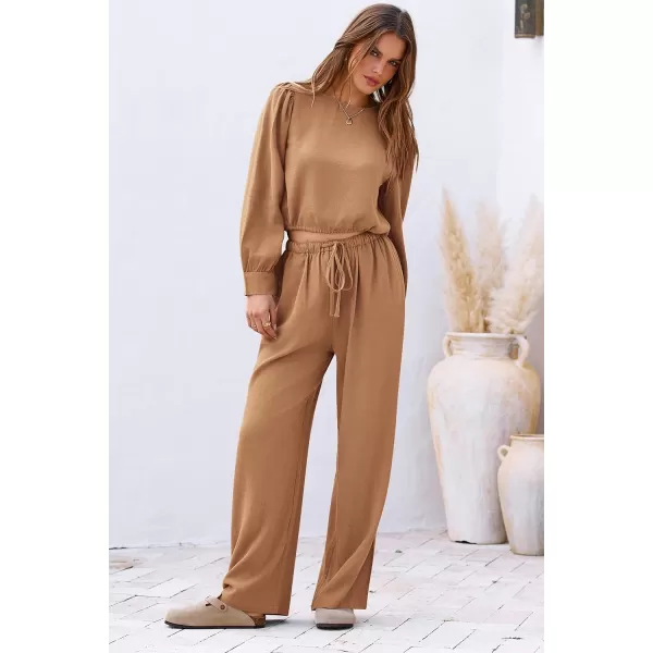 imagePRETTYGARDEN Womens 2023 Fall Two Piece Outfits Long Sleeve Crop Tops Wide Leg Pants Pockets Casual Linen Tracksuits SetsKhaki