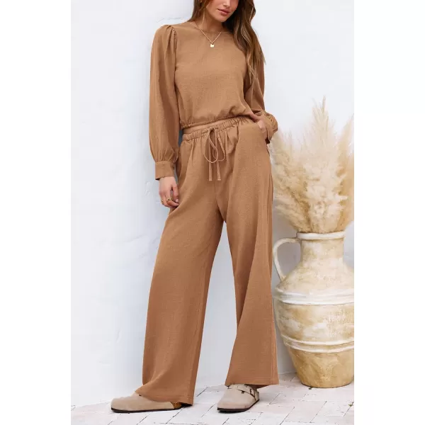 imagePRETTYGARDEN Womens 2023 Fall Two Piece Outfits Long Sleeve Crop Tops Wide Leg Pants Pockets Casual Linen Tracksuits SetsKhaki