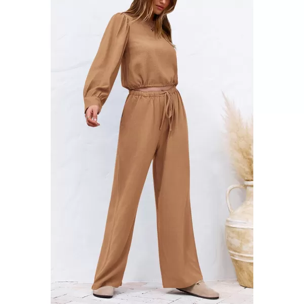 imagePRETTYGARDEN Womens 2023 Fall Two Piece Outfits Long Sleeve Crop Tops Wide Leg Pants Pockets Casual Linen Tracksuits SetsKhaki