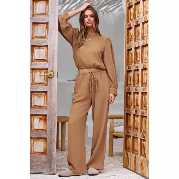 imagePRETTYGARDEN Womens 2023 Fall Two Piece Outfits Long Sleeve Crop Tops Wide Leg Pants Pockets Casual Linen Tracksuits SetsKhaki