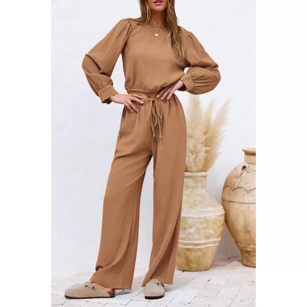 imagePRETTYGARDEN Womens 2023 Fall Two Piece Outfits Long Sleeve Crop Tops Wide Leg Pants Pockets Casual Linen Tracksuits SetsKhaki