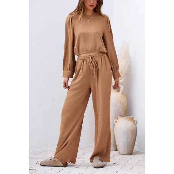 imagePRETTYGARDEN Womens 2023 Fall Two Piece Outfits Long Sleeve Crop Tops Wide Leg Pants Pockets Casual Linen Tracksuits SetsKhaki