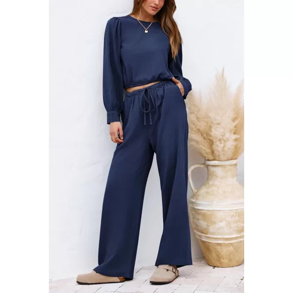 imagePRETTYGARDEN Womens 2023 Fall Two Piece Outfits Long Sleeve Crop Tops Wide Leg Pants Pockets Casual Linen Tracksuits SetsNavy