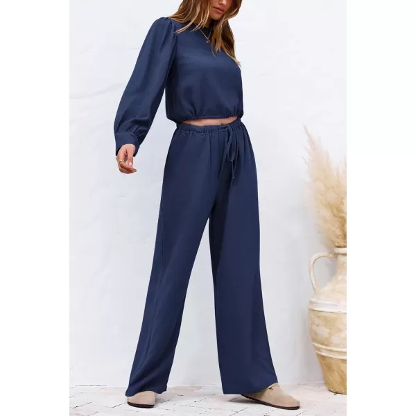 imagePRETTYGARDEN Womens 2023 Fall Two Piece Outfits Long Sleeve Crop Tops Wide Leg Pants Pockets Casual Linen Tracksuits SetsNavy