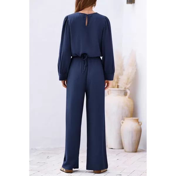 imagePRETTYGARDEN Womens 2023 Fall Two Piece Outfits Long Sleeve Crop Tops Wide Leg Pants Pockets Casual Linen Tracksuits SetsNavy