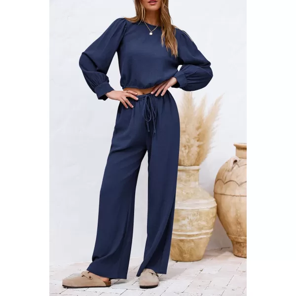 imagePRETTYGARDEN Womens 2023 Fall Two Piece Outfits Long Sleeve Crop Tops Wide Leg Pants Pockets Casual Linen Tracksuits SetsNavy