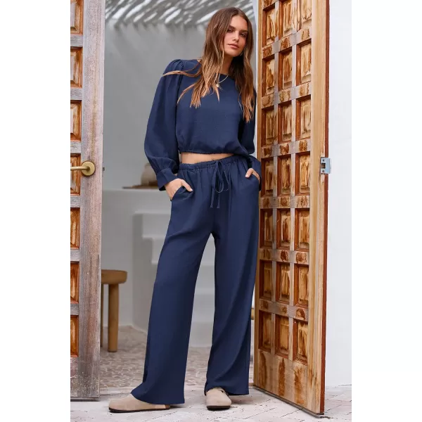 imagePRETTYGARDEN Womens 2023 Fall Two Piece Outfits Long Sleeve Crop Tops Wide Leg Pants Pockets Casual Linen Tracksuits SetsNavy