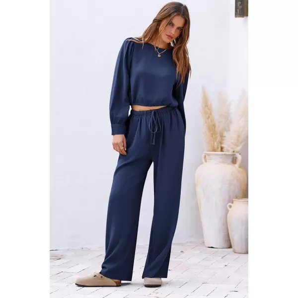 imagePRETTYGARDEN Womens 2023 Fall Two Piece Outfits Long Sleeve Crop Tops Wide Leg Pants Pockets Casual Linen Tracksuits SetsNavy