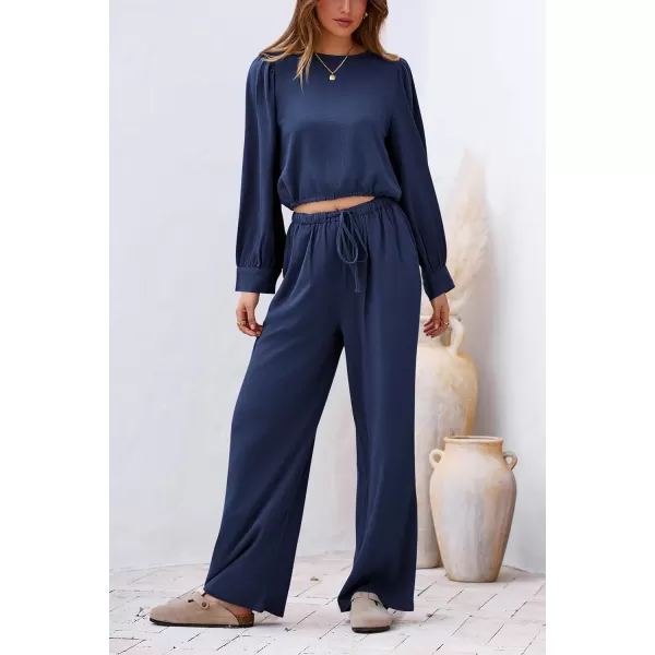 imagePRETTYGARDEN Womens 2023 Fall Two Piece Outfits Long Sleeve Crop Tops Wide Leg Pants Pockets Casual Linen Tracksuits SetsNavy