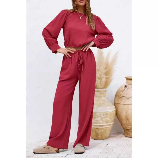imagePRETTYGARDEN Womens 2023 Fall Two Piece Outfits Long Sleeve Crop Tops Wide Leg Pants Pockets Casual Linen Tracksuits SetsRed