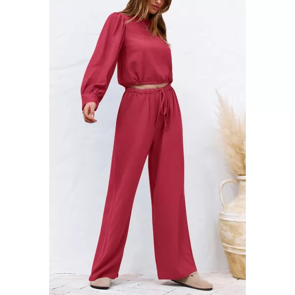 imagePRETTYGARDEN Womens 2023 Fall Two Piece Outfits Long Sleeve Crop Tops Wide Leg Pants Pockets Casual Linen Tracksuits SetsRed
