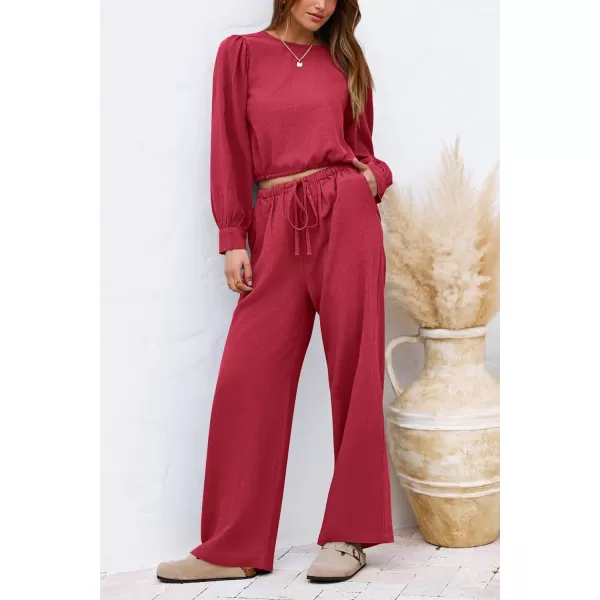 imagePRETTYGARDEN Womens 2023 Fall Two Piece Outfits Long Sleeve Crop Tops Wide Leg Pants Pockets Casual Linen Tracksuits SetsRed