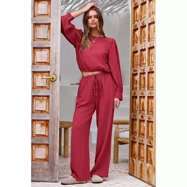 imagePRETTYGARDEN Womens 2023 Fall Two Piece Outfits Long Sleeve Crop Tops Wide Leg Pants Pockets Casual Linen Tracksuits SetsRed