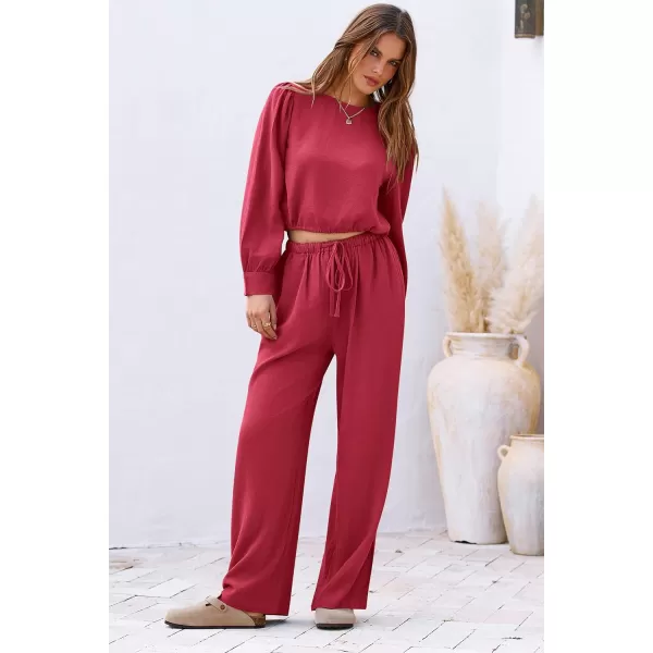 imagePRETTYGARDEN Womens 2023 Fall Two Piece Outfits Long Sleeve Crop Tops Wide Leg Pants Pockets Casual Linen Tracksuits SetsRed