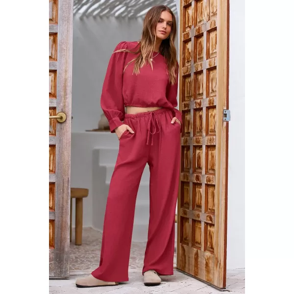 imagePRETTYGARDEN Womens 2023 Fall Two Piece Outfits Long Sleeve Crop Tops Wide Leg Pants Pockets Casual Linen Tracksuits SetsRed